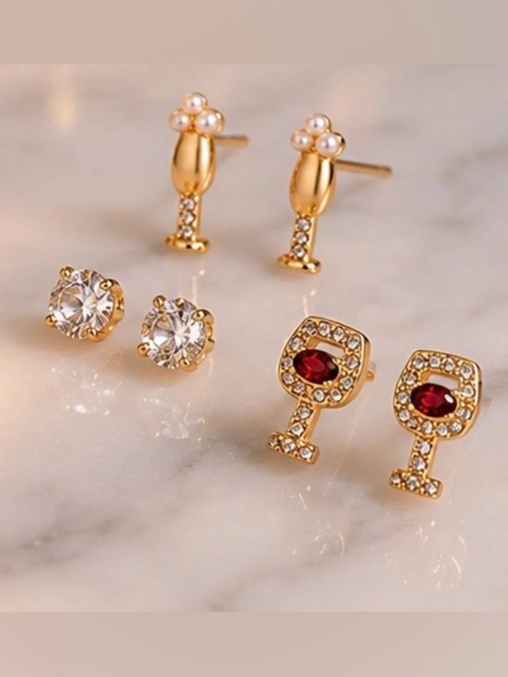 J. Crew Gold-Plated Earring Set with Red and Clear Stones 🍷✨